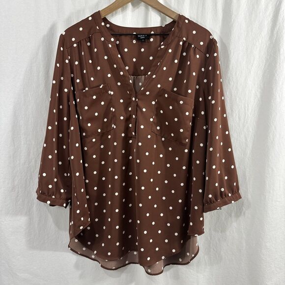 Torrid Harper Crepe De Chine Brown Polka Dot 3/4 Sleeve Top Womens Size 2 Career - Picture 1 of 11